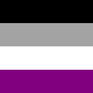 Asexual flag. Four stripes, from top to bottom: Black, Grey, White, and Purple.