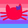 Mollygender Flag. Seven stripes, from top to bottom: Pink, Medium-Light Pink, Light Pink, Light Purple, Medium-Light Purple, Purple, then Light Blue. In front of the stripes is a silhouette of a cat's head in hot pink, 3 whiskers on either side of the face