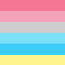 Genderflux flag. Six stripes, from top to bottom: Pink, Lighter Pink, Greyish-Yellowish Pink, Light Blue, Blue, then Yellow.